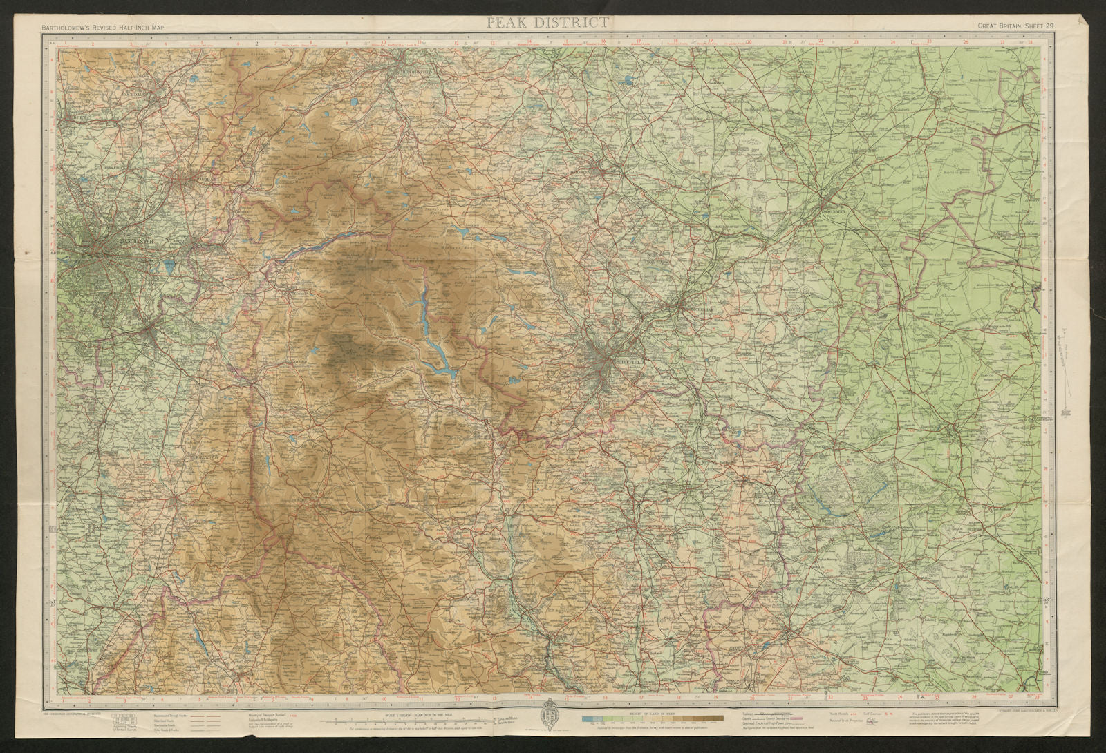 Sheet 29 PEAK DISTRICT. Manchester Sheffield Doncaster. BARTHOLOMEW c1947 map